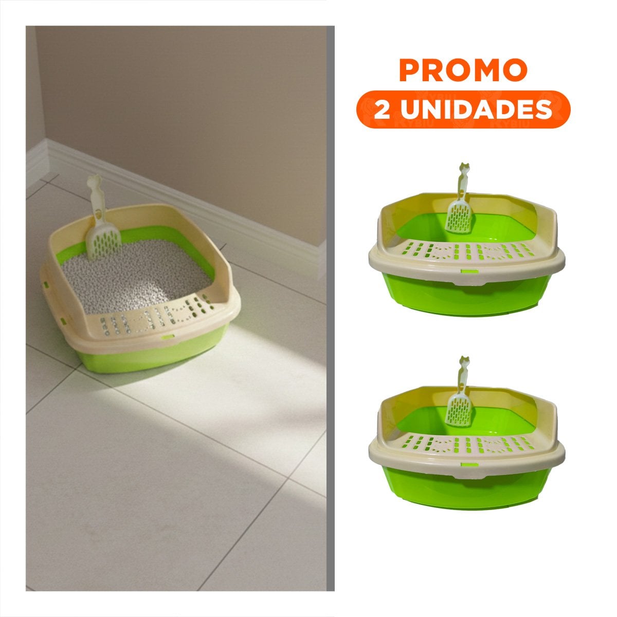 PACK2 BANDEJA SANITARIA ABIERTA CON PALA PARA GATOS VERDE LIMÓN - 1