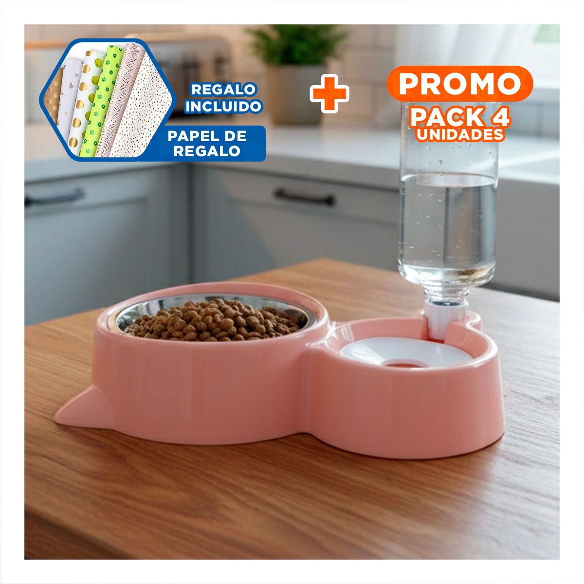 PACK4 ELEMENTO DE COMIDA 2 EN 1 CON OREJITAS PARA MASCOTA CELESTE Y+PAPEL REGALO - 1