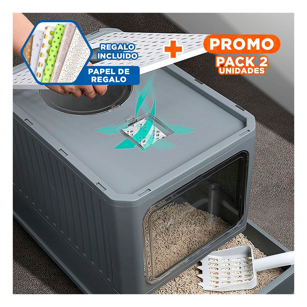 PACK2 BANDEJA SANITARIA ABIERTA PARA LIMPIEZA Y CAMBIO DE ARENA VERDE LIMÓN Y+PAPEL REGALO - 1