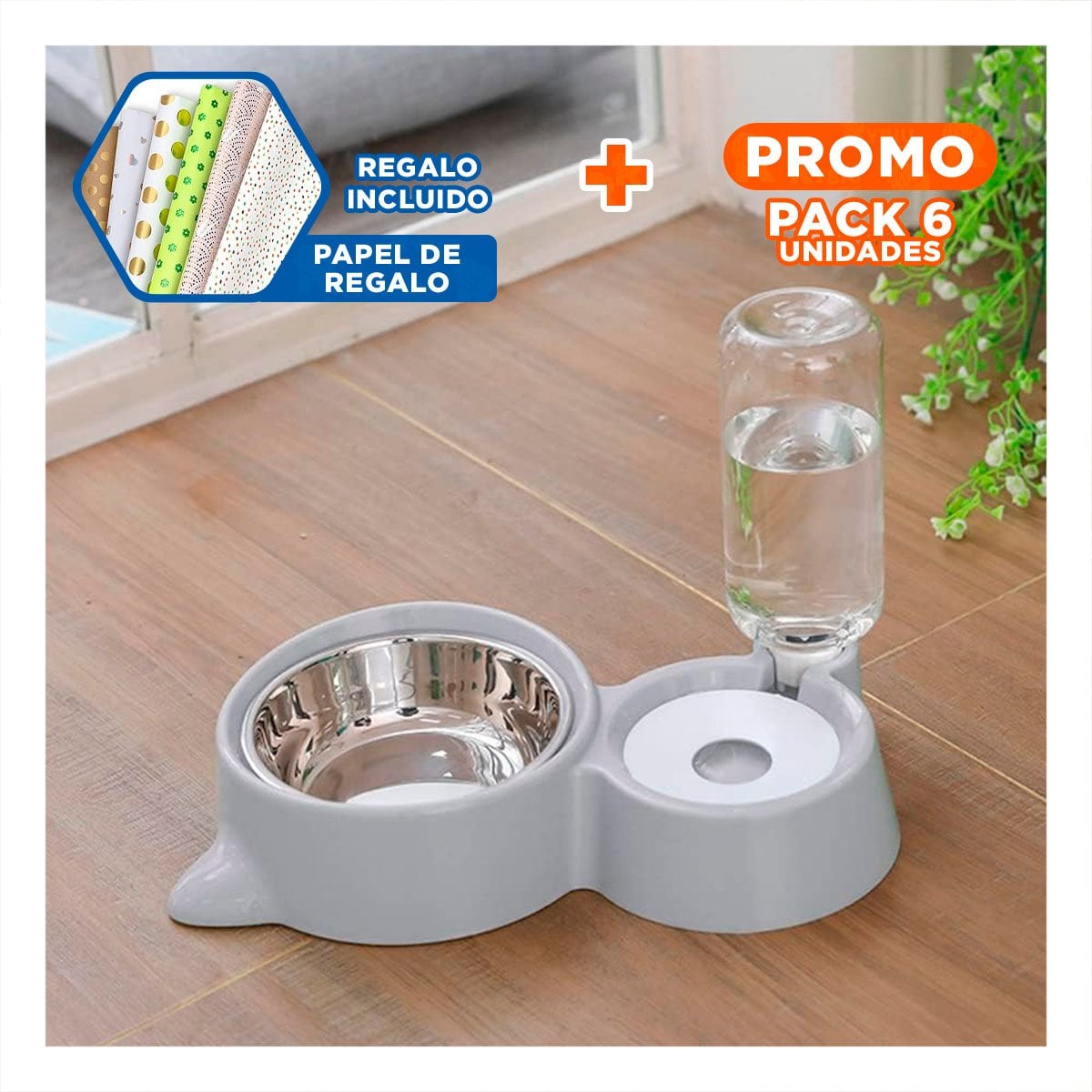 PACK6 ESTILO DE ALIMENTACION 2 EN 1 CON OREJITAS PARA MASCOTA CELESTE Y+PAPEL REGALO - 1