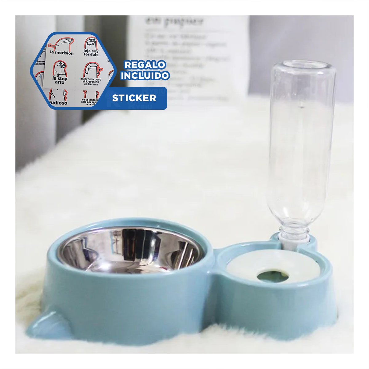 CONTENEDOR PARA MASCOTA 2 EN 1 CON OREJITAS PARA USO EN CASA CELESTE Y+REGALO STICKER - 1