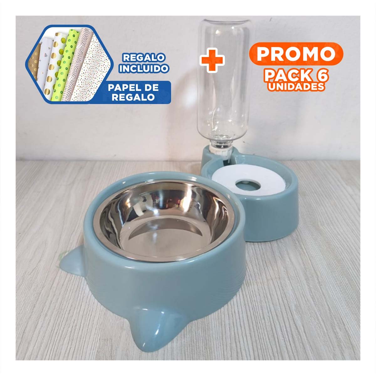 PACK6 ESTILO DE ALIMENTACION 2 EN 1 CON OREJITAS PARA MASCOTA CELESTE Y+PAPEL REGALO - 1