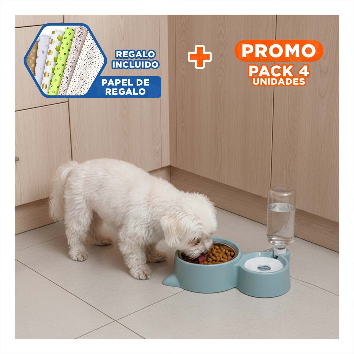 PACK4 ELEMENTO DE COMIDA 2 EN 1 CON OREJITAS PARA MASCOTA CELESTE Y+PAPEL REGALO - 1