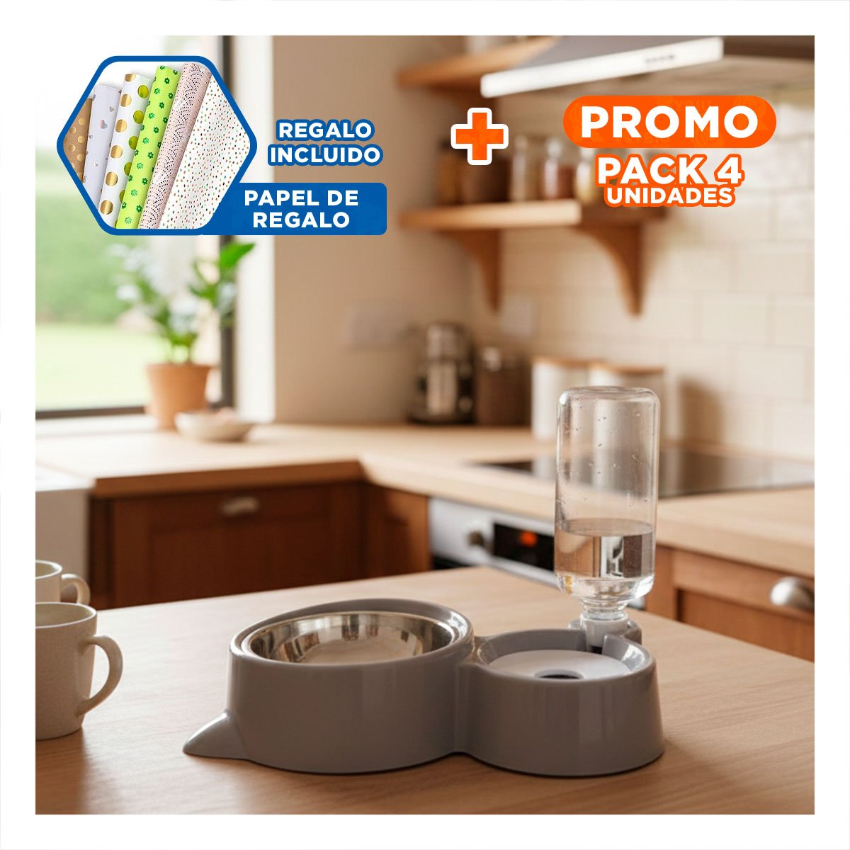 PACK4 ELEMENTO DE COMIDA 2 EN 1 CON OREJITAS PARA MASCOTA CELESTE Y+PAPEL REGALO - 1