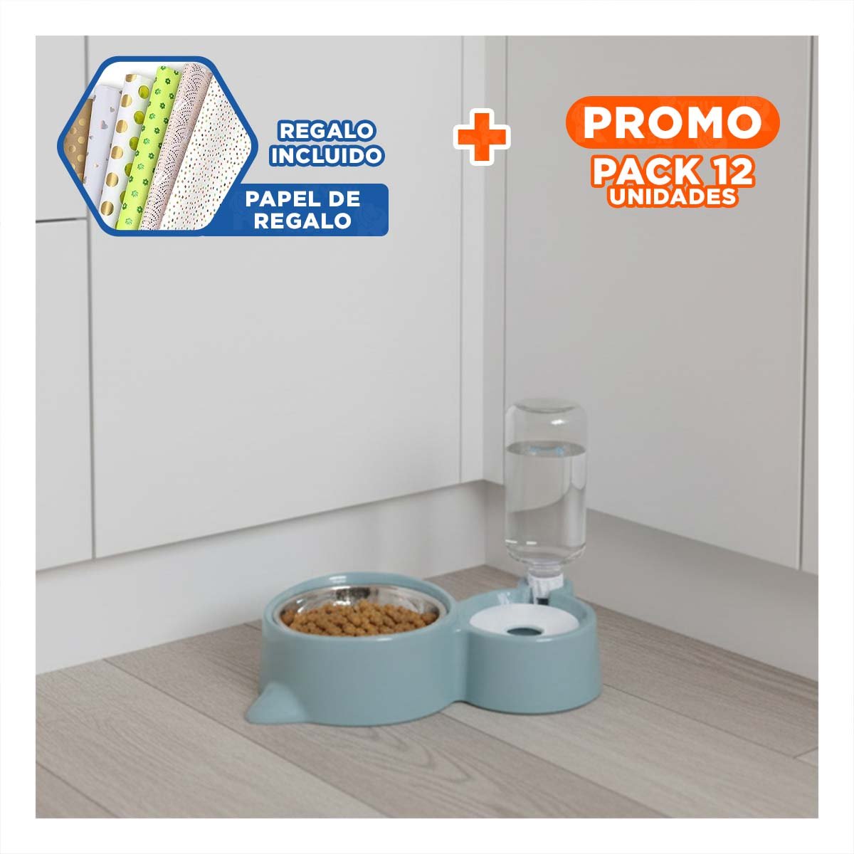 PACK12 ESTACION DOBLE 2 EN 1 CON OREJITAS PARA MASCOTA EN CASA CELESTE Y+PAPEL REGALO - 1