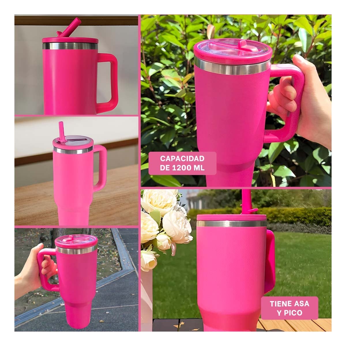 BOTELLA 1200ML EN COLOR FUCSIA CON PICO PRACTICO Y ASA FIRME EN ABS Y ACERO Y+POST IT - 1