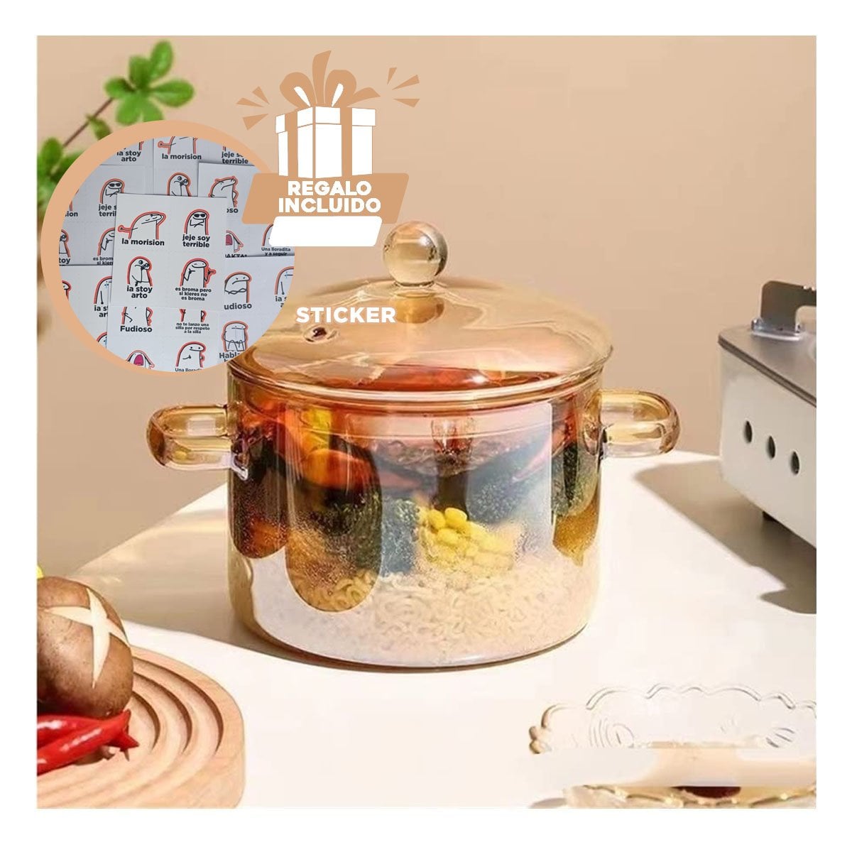 CACEROLA MARRON TRANSPARENTE CON TAPA Y CUERPO 1,5L EN BOROSILICATO Y+REGALO STICKER - 1