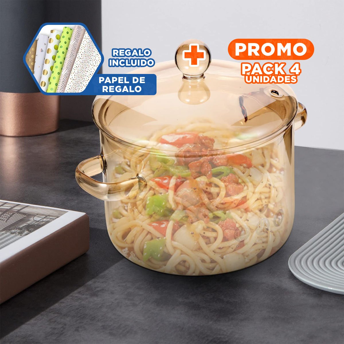 PACK4 RECIPIENTE 1,5L CON TAPA MARRON TRANSPARENTE EN BOROSILICATO Y+PAPEL REGALO - 1