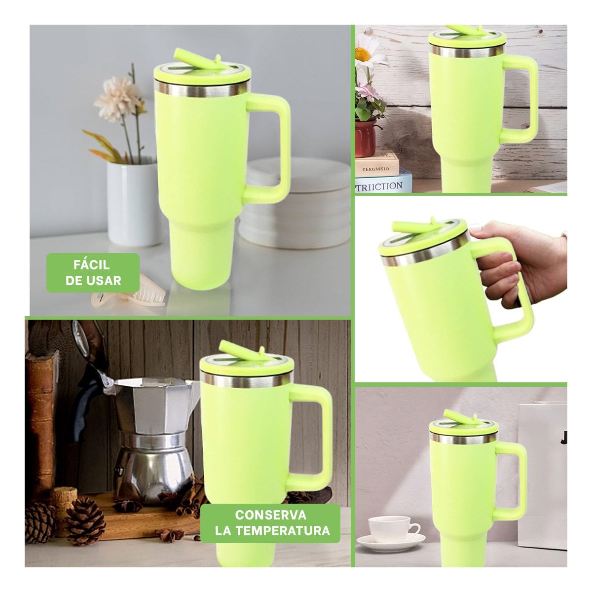 BOTELLA 1200ML EN COLOR VERDE LIMON CON PICO PRACTICO Y ASA FIRME EN ABS Y ACERO Y+POST IT - 5