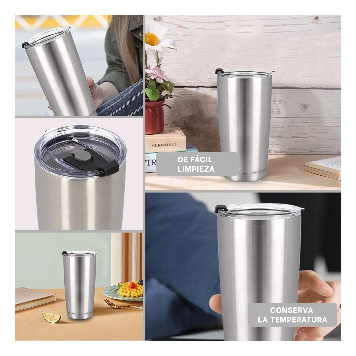 TERMO 600ML DE ACERO INOXIDABLE PLATEADO CON TAPA Y ASA COMODA Y+POST IT - 1