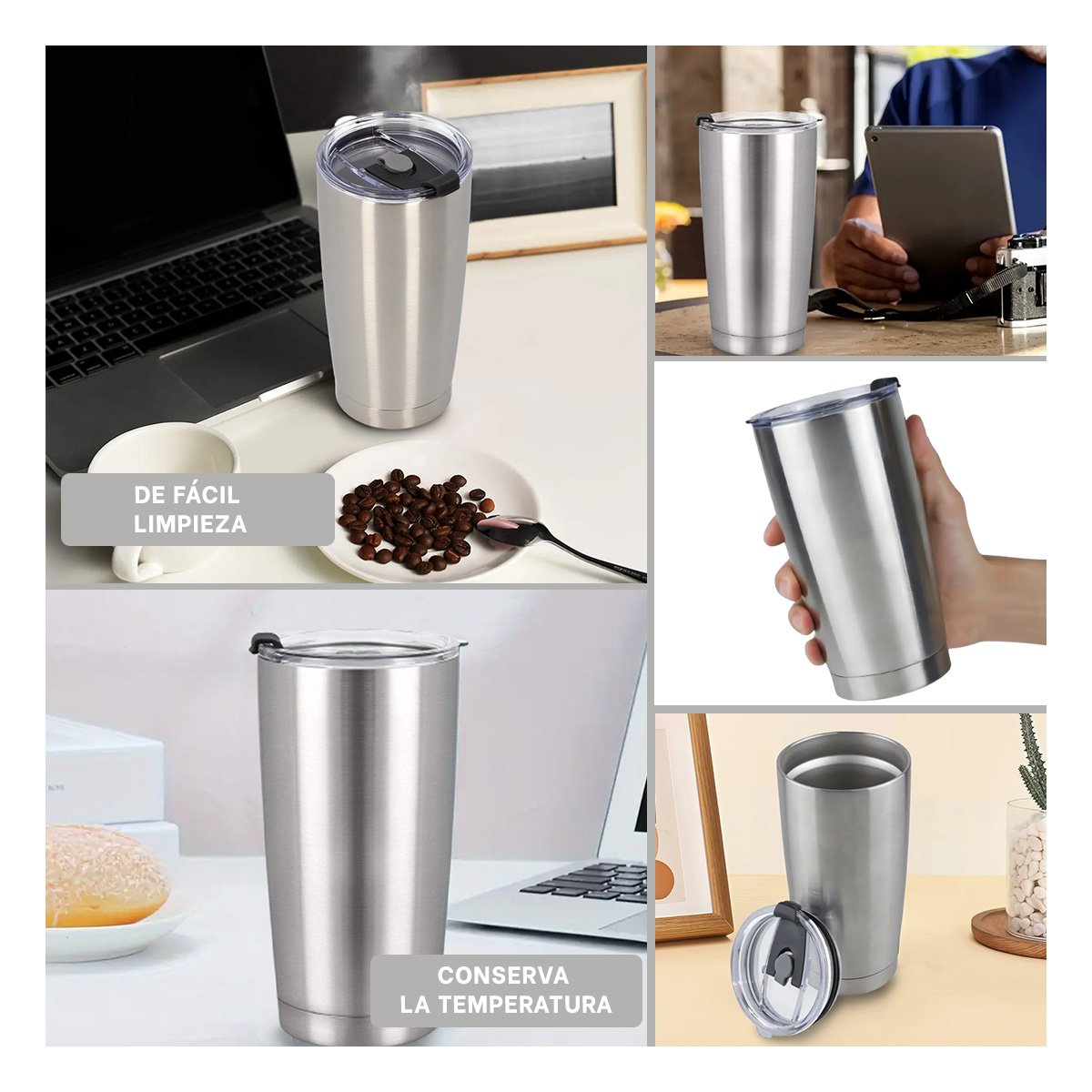 TERMO 600ML DE ACERO INOXIDABLE PLATEADO CON TAPA Y ASA COMODA Y+POST IT - 5