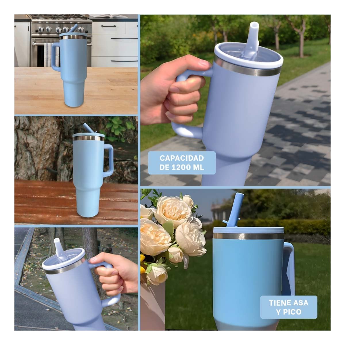 BOTELLA 1200ML EN COLOR CELESTE CON PICO PRACTICO Y ASA FIRME EN ABS Y ACERO Y+POST IT - 1