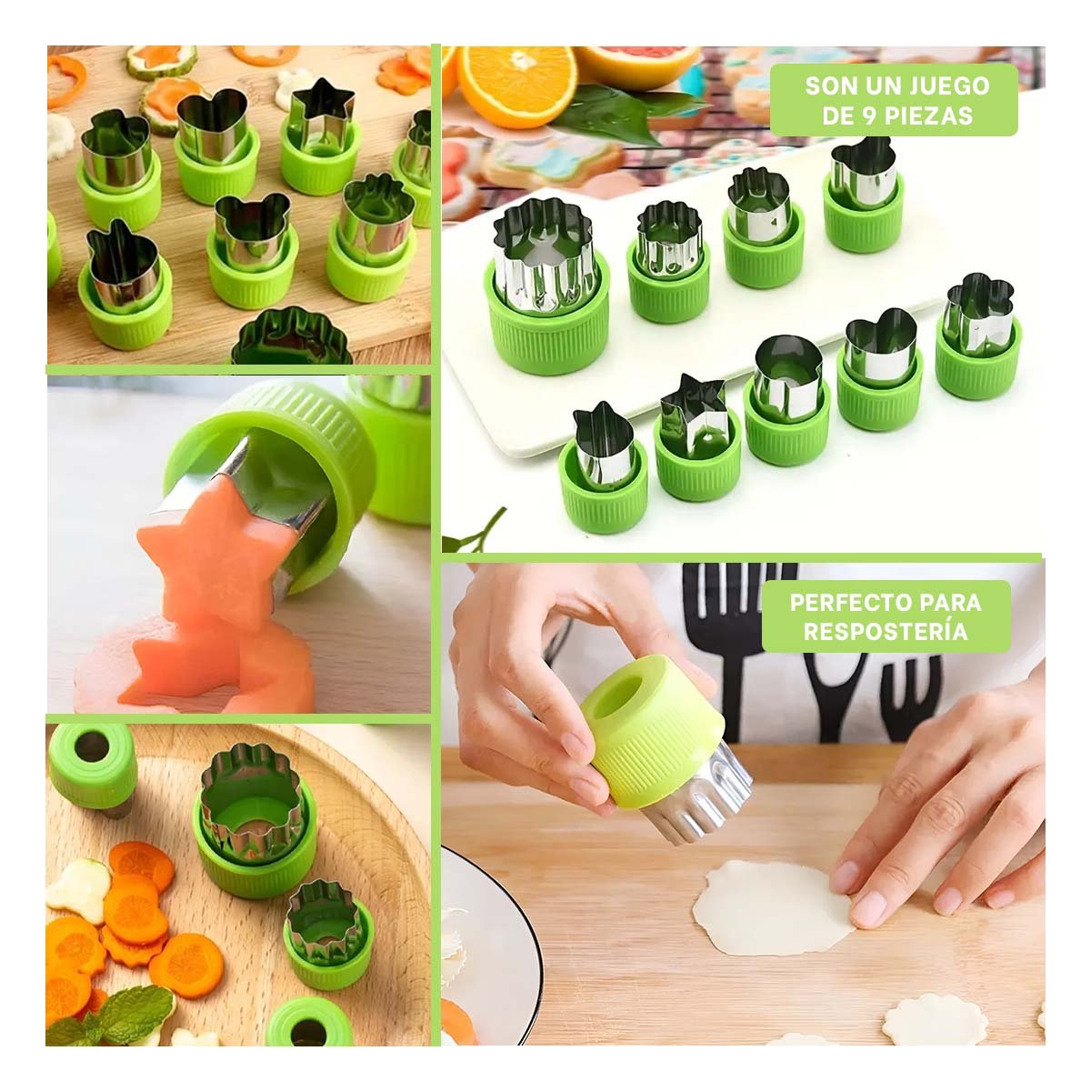 PACK12 CORTES DE COCINA HOGAR 9PZS VERDE PARA CORTAR FRUTAS Y VERDURAS CASA Y+PAPEL REGALO - 2