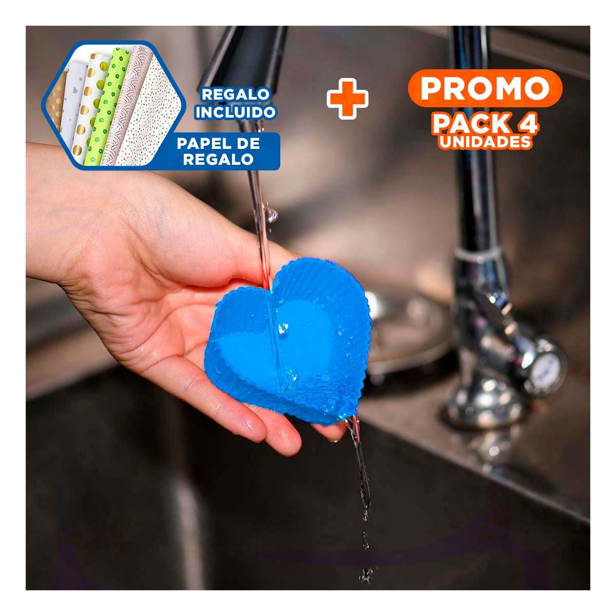 PACK4 SILICONA CORAZON 7X32CM AZUL CUPCAKES Y POSTRES CASEROS Y+PAPEL REGALO - 1