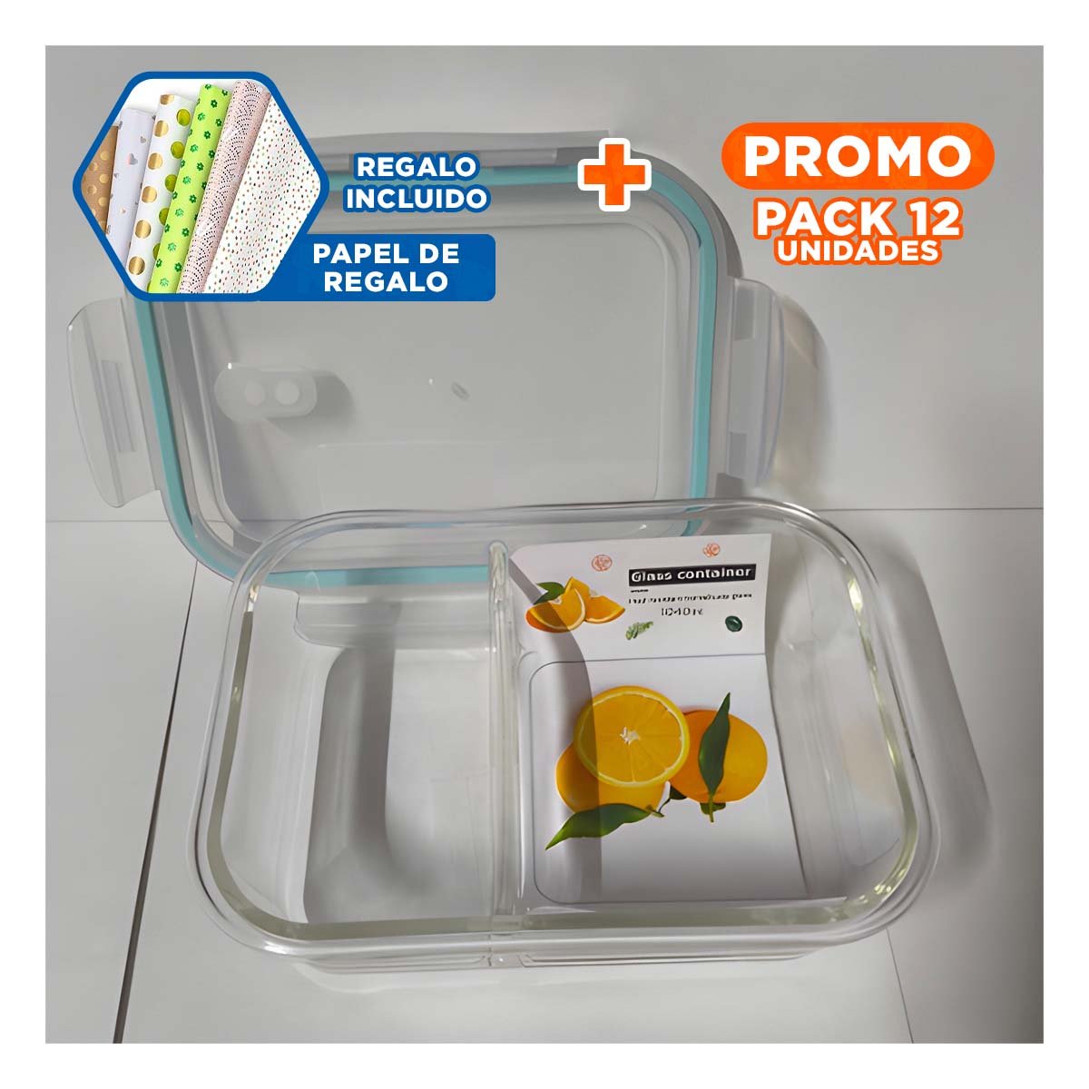 PACK12 ENVASE VIDRIO TAPA 2 DIVISIONES 1040ML CELESTE Y+PAPEL REGALO - 1