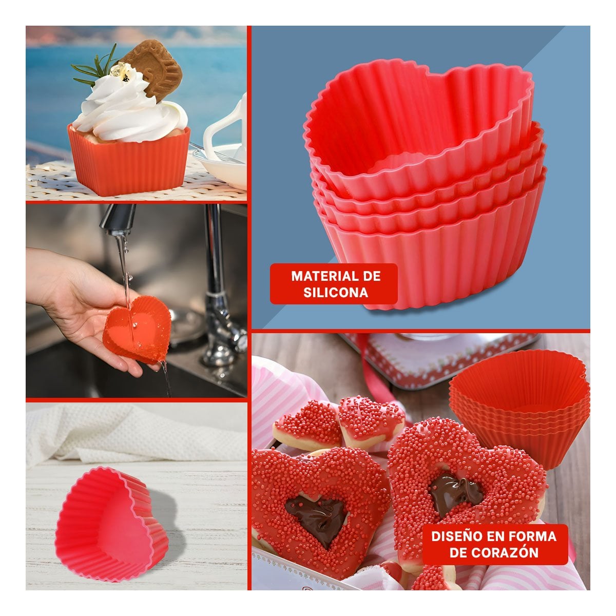 PACK4 SILUETA CORAZON DE SILICONA ROJA PARA REPOSTERIA Y DULCES CASEROS Y+REGALO STICKER - 2