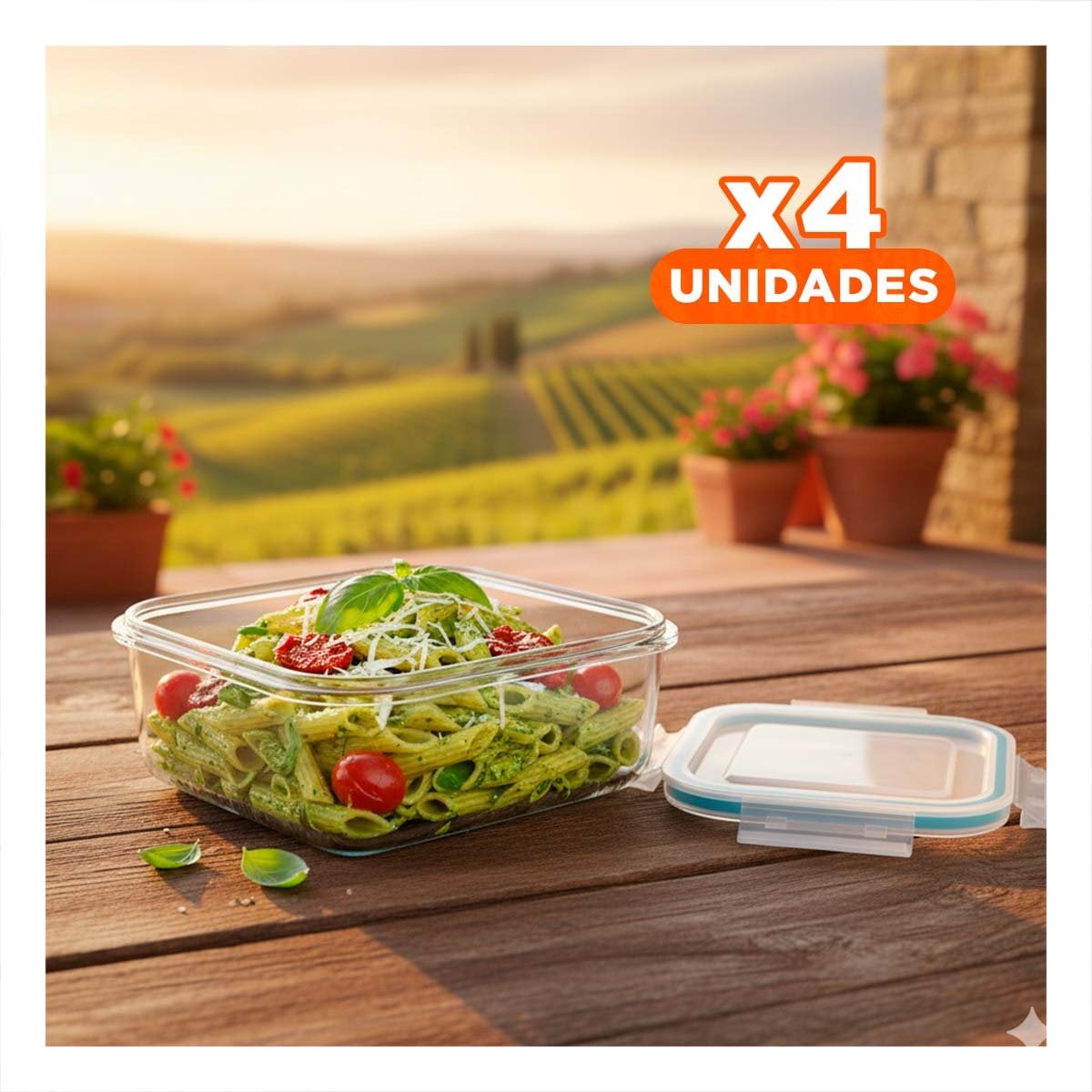 PACK4 TAPER COCINA VIDRIO 1040ML CON TAPA TRANSPARENTE LINEA CELESTE - 1