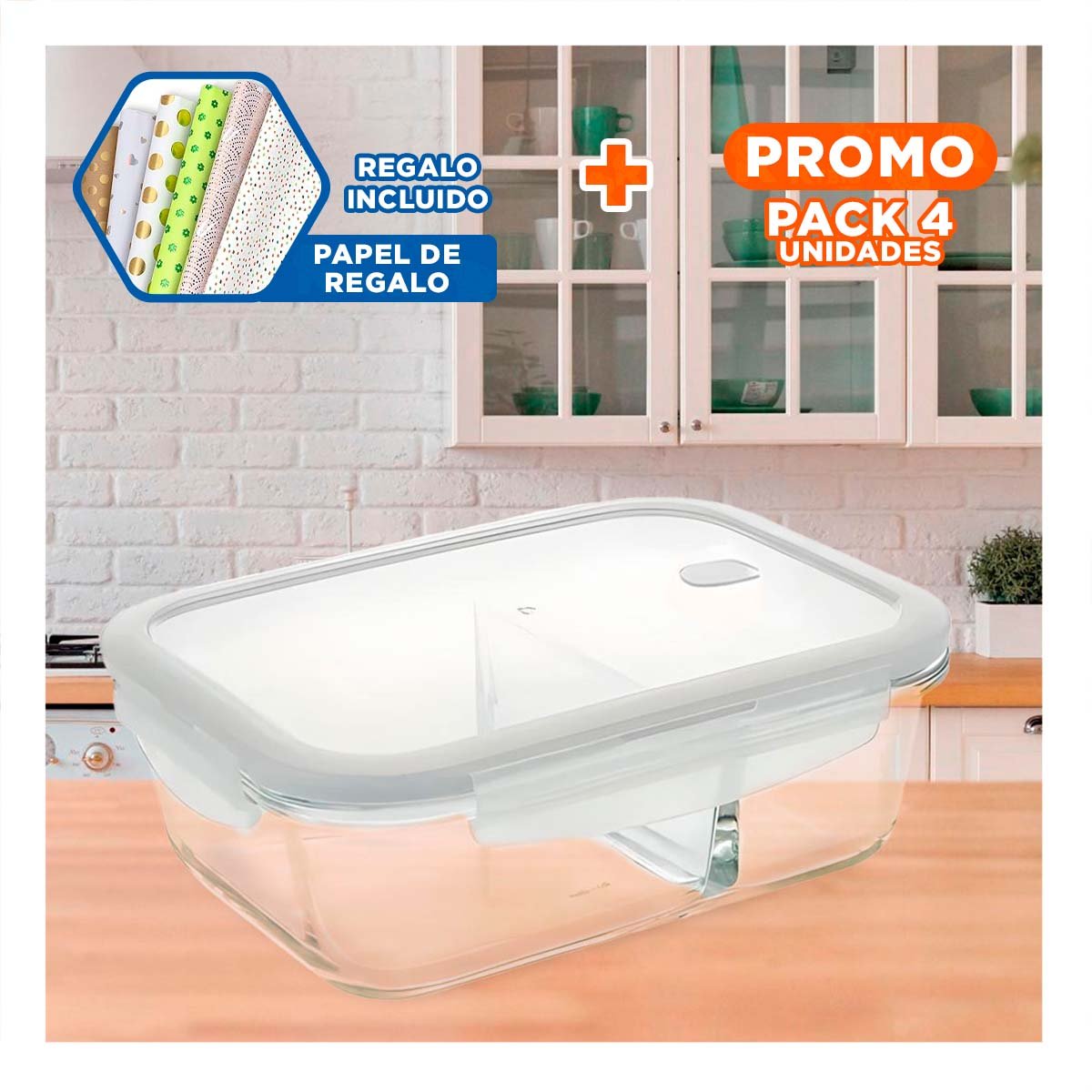 PACK4 CAJA VIDRIO 2 DIVISIONES 1040ML TRANSPARENTE LINEA BLANCA HOGAR Y+PAPEL REGALO - 1