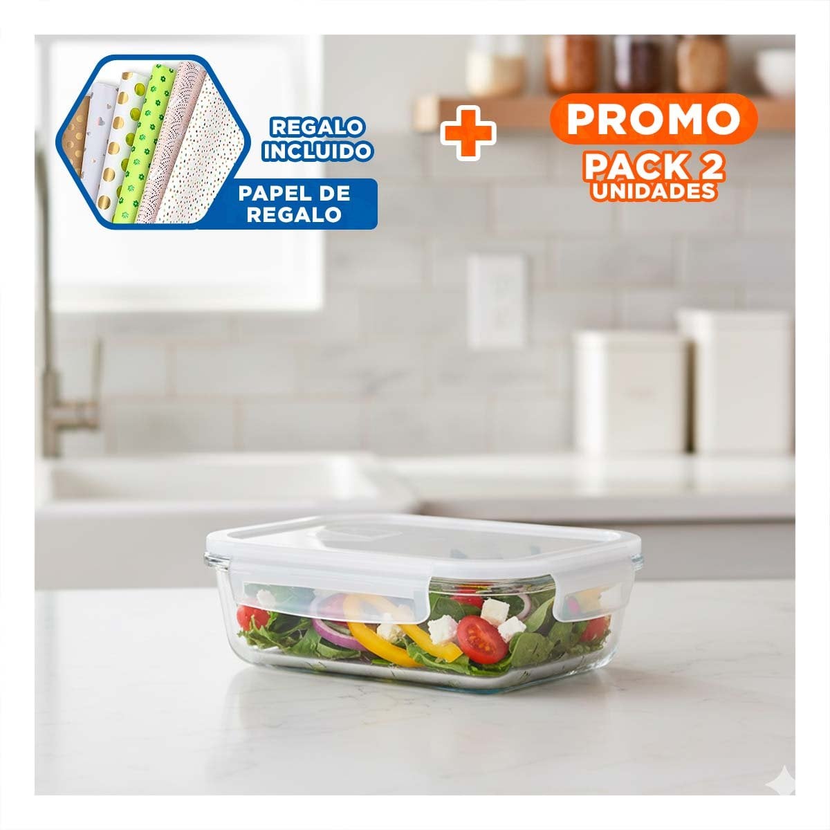 PACK2 CAJA REUTILIZABLE DE VIDRIO CON TAPA 1040ML TRANSPARENTE Y+PAPEL REGALO - 1