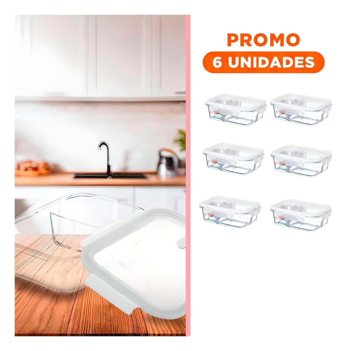PACK6 CAJA VIDRIO 2 DIVISIONES 1040ML TRANSPARENTE LINEA BLANCA USO DIARIO - 1