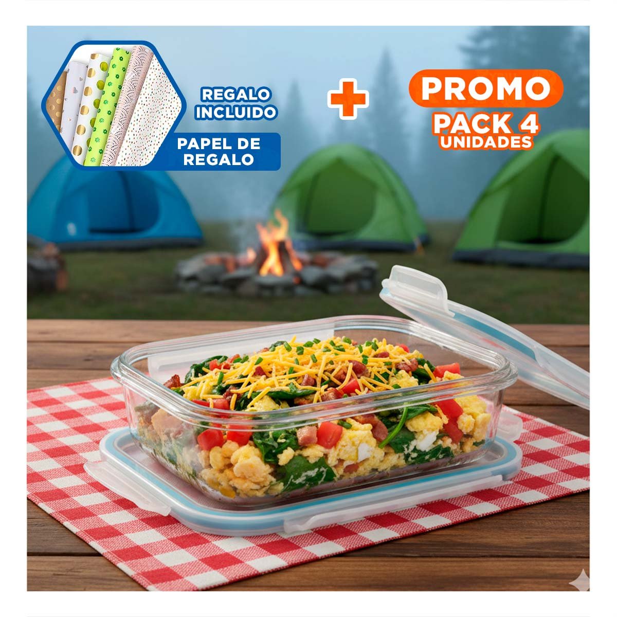 PACK4 RECIPIENTE COCINA VIDRIO 1040ML CON TAPA TRANSPARENTE LINEA CELESTE Y+PAPEL REGALO - 1