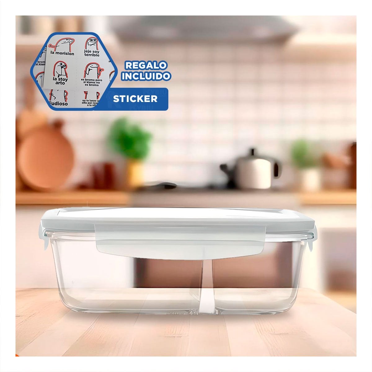 ENVASE VIDRIO 2 DIVISIONES 1040ML TRANSPARENTE LINEA BLANCA GUARDADO Y+REGALO STICKER - 1