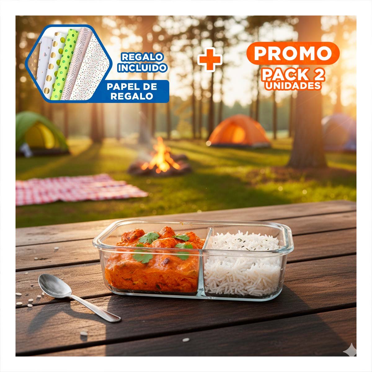 PACK2 FIAMBRERA VIDRIO 2 DIVISIONES 1040ML CON TAPA CELESTE Y+PAPEL REGALO - 1