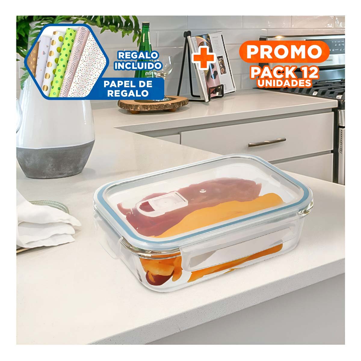 PACK12 ENVASE LINEA CELESTE VIDRIO 1040ML CON TAPA TRANSPARENTE Y+PAPEL REGALO - 1