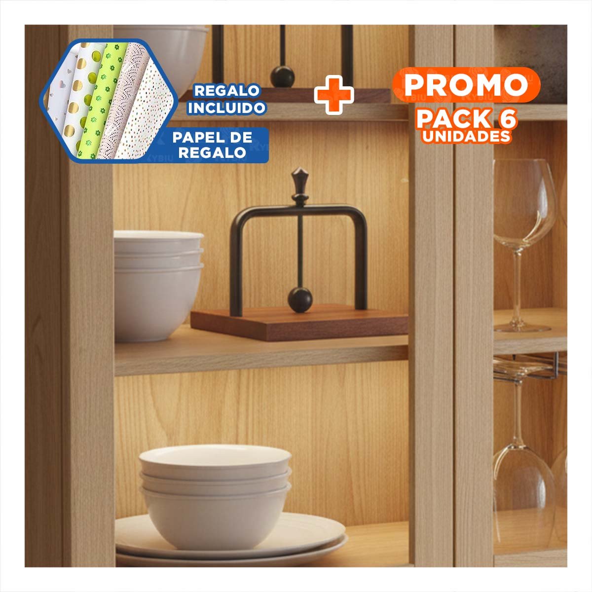 PACK6 ORGANIZADOR CON BRAZO DISPENSADOR DE COLOR NEGRO Y BASE MADERA Y+PAPEL REGALO - 1