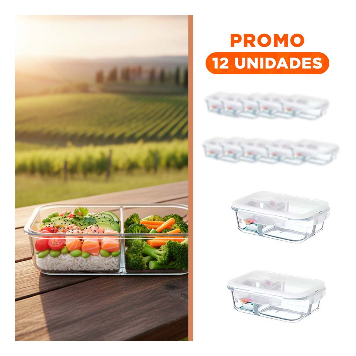 PACK12 RECIPIENTE VIDRIO TRANSPARENTE 2 DIVISIONES 1040ML LINEA BLANCA Y+REGALO STICKER - 1