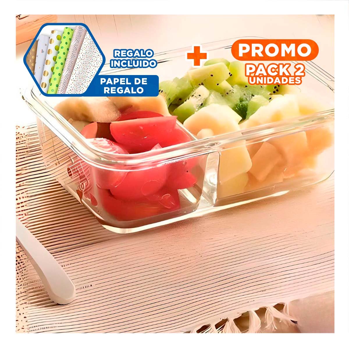 PACK2 FIAMBRERA VIDRIO 2 DIVISIONES 1040ML TRANSPARENTE LINEA BLANCA USO DIARIO Y+PAPEL REGALO - 1