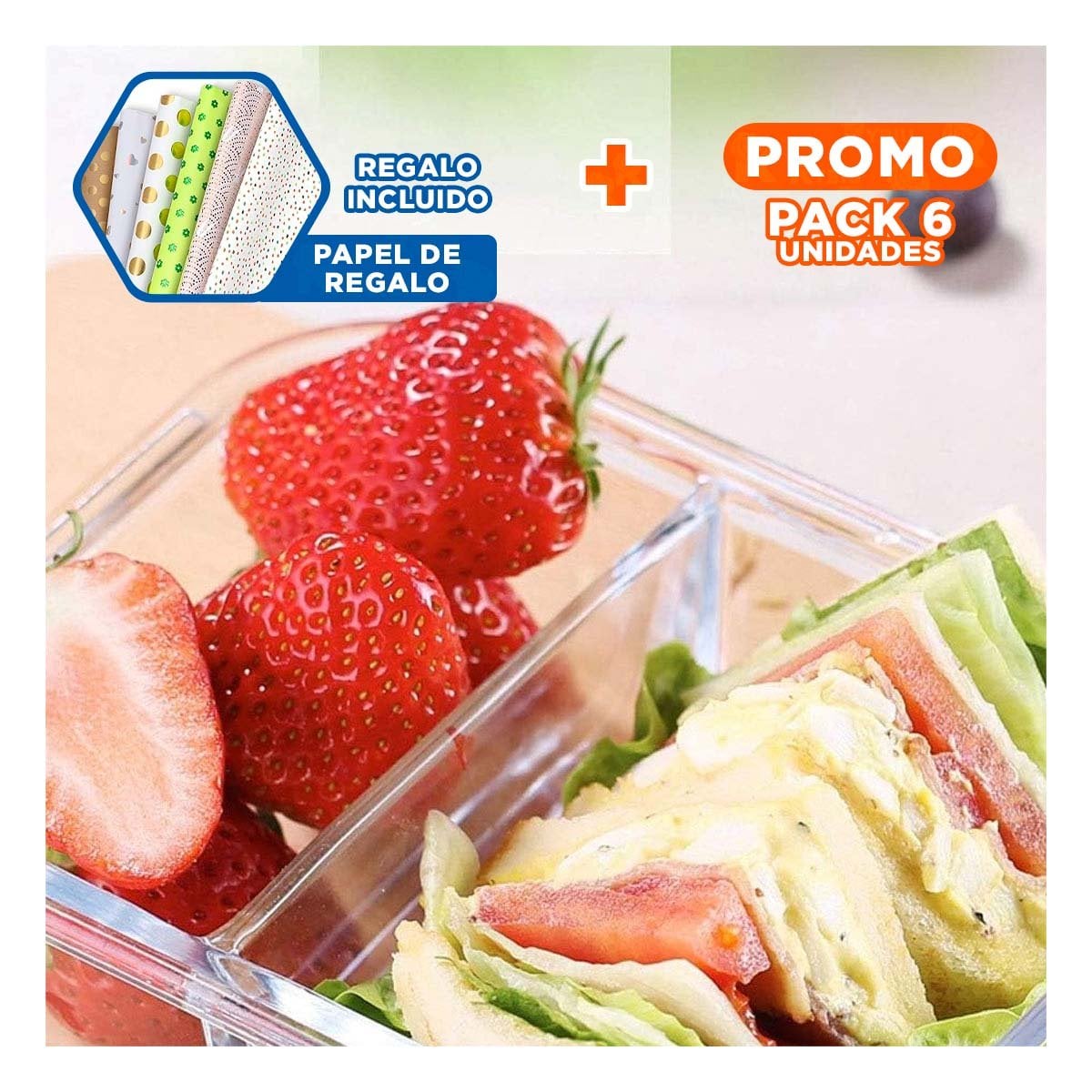 PACK6 CAJA VIDRIO 2 DIVISIONES LINEA CELESTE 1040ML Y+PAPEL REGALO - 1