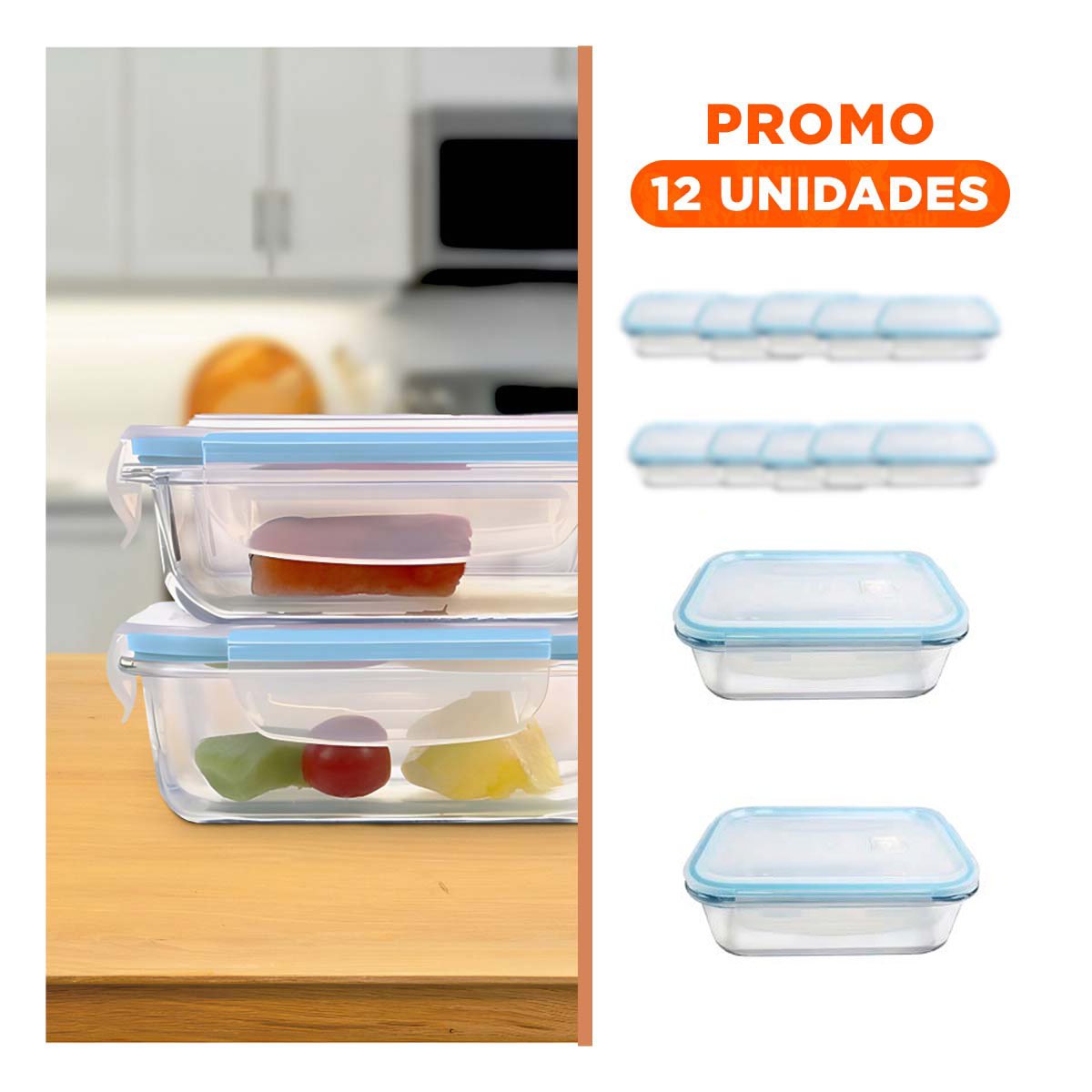 PACK12 CONTENEDOR LINEA CELESTE VIDRIO 1040ML CON TAPA TRANSPARENTE Y+REGALO STICKER - 1