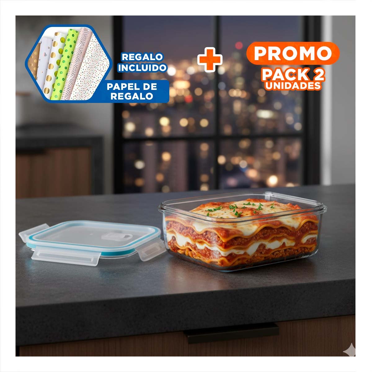 PACK2 CONTENEDOR VIDRIO LINEA CELESTE 1040ML CON TAPA TRANSPARENTE Y+PAPEL REGALO - 1