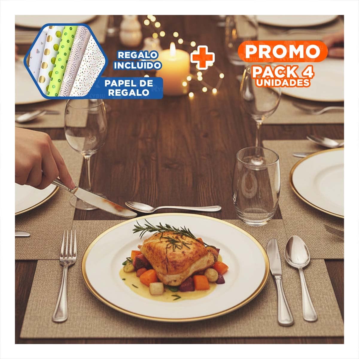 PACK4 PLATO BLANCO CON CONTORNO DORADO SUPERIOR PARA PRESENTACION DE PLATILLOS Y+PAPEL REGALO - 1