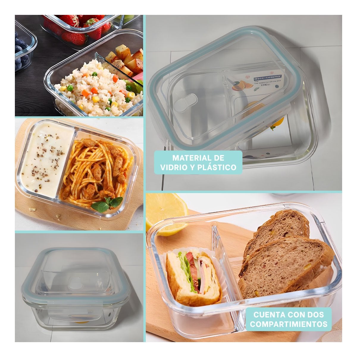 CONTENEDOR VIDRIO 2 DIVISIONES 1040ML CON TAPA CELESTE Y+POST IT - 5