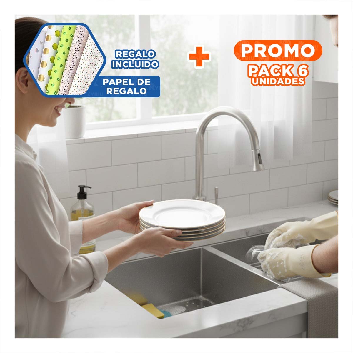 PACK6 FUENTE REDONDEADA EN BLANCO CON BORDE DORADO DISTINTIVO PARA SERVICIO Y+PAPEL REGALO - 1