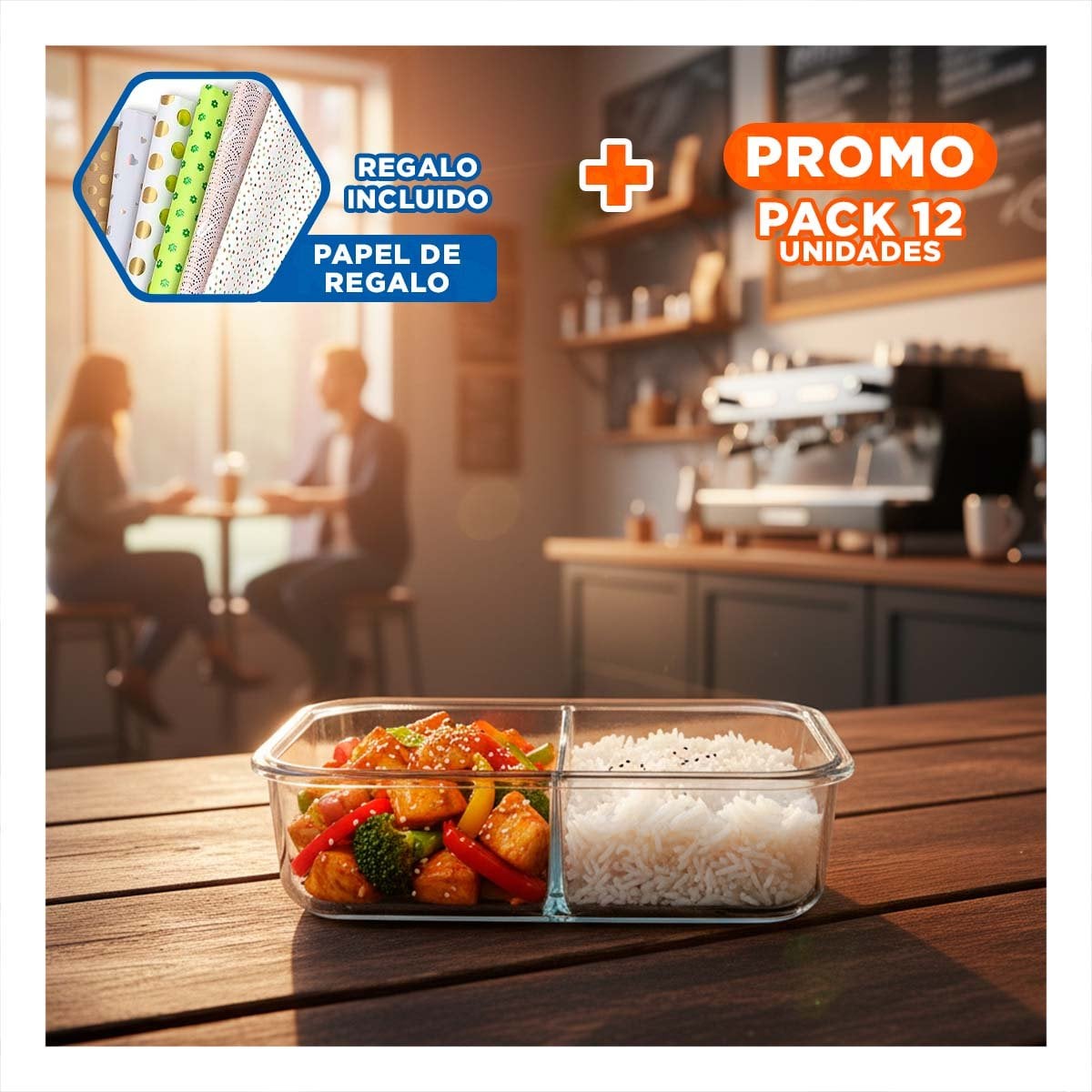 PACK12 RECIPIENTE VIDRIO TRANSPARENTE 2 DIVISIONES 1040ML LINEA BLANCA COMIDA Y+PAPEL REGALO - 1