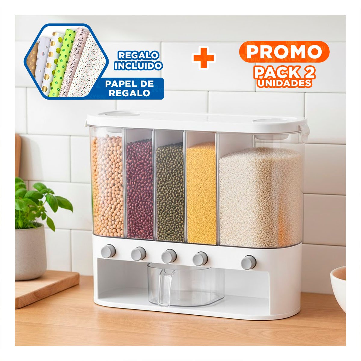 PACK2 DEPOSITO DE GRANOS 10L EN BLANCO TRANSPARENTE CON FORMA OVALADA Y+PAPEL REGALO - 1