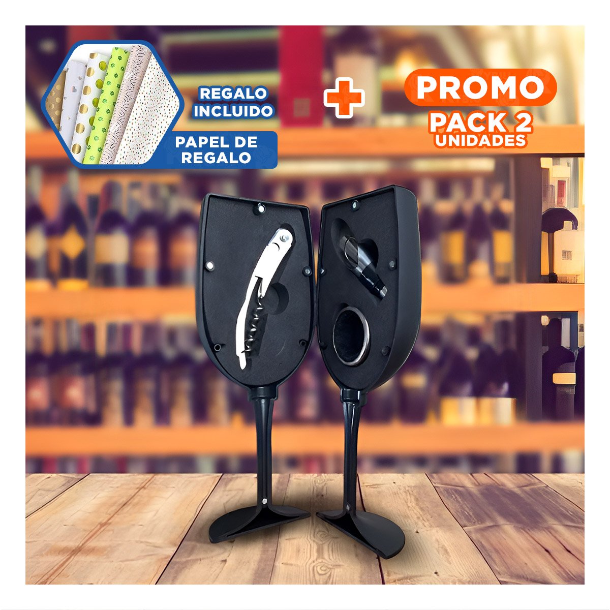 PACK2 DESCORCHADOR MANUAL EN ESTUCHE CON SILUETA DE COPA COLOR NEGRO PARA COCINA Y+PAPEL REGALO - 1