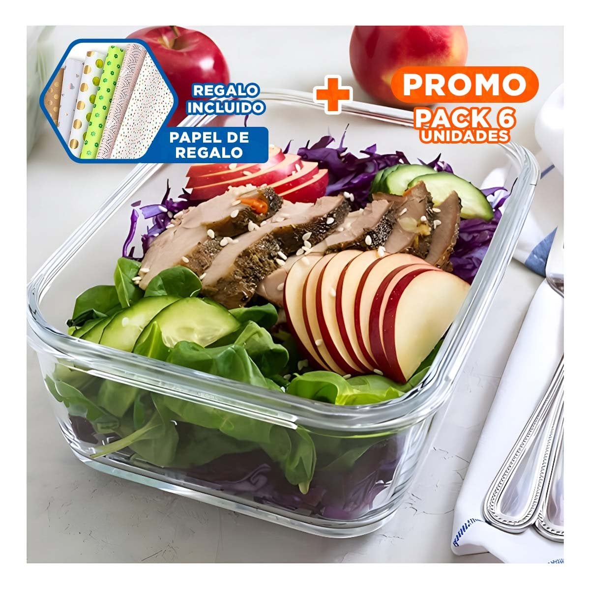 PACK6 FRASCO COCINA VIDRIO 1040ML CON TAPA TRANSPARENTE LINEA CELESTE Y+PAPEL REGALO - 1