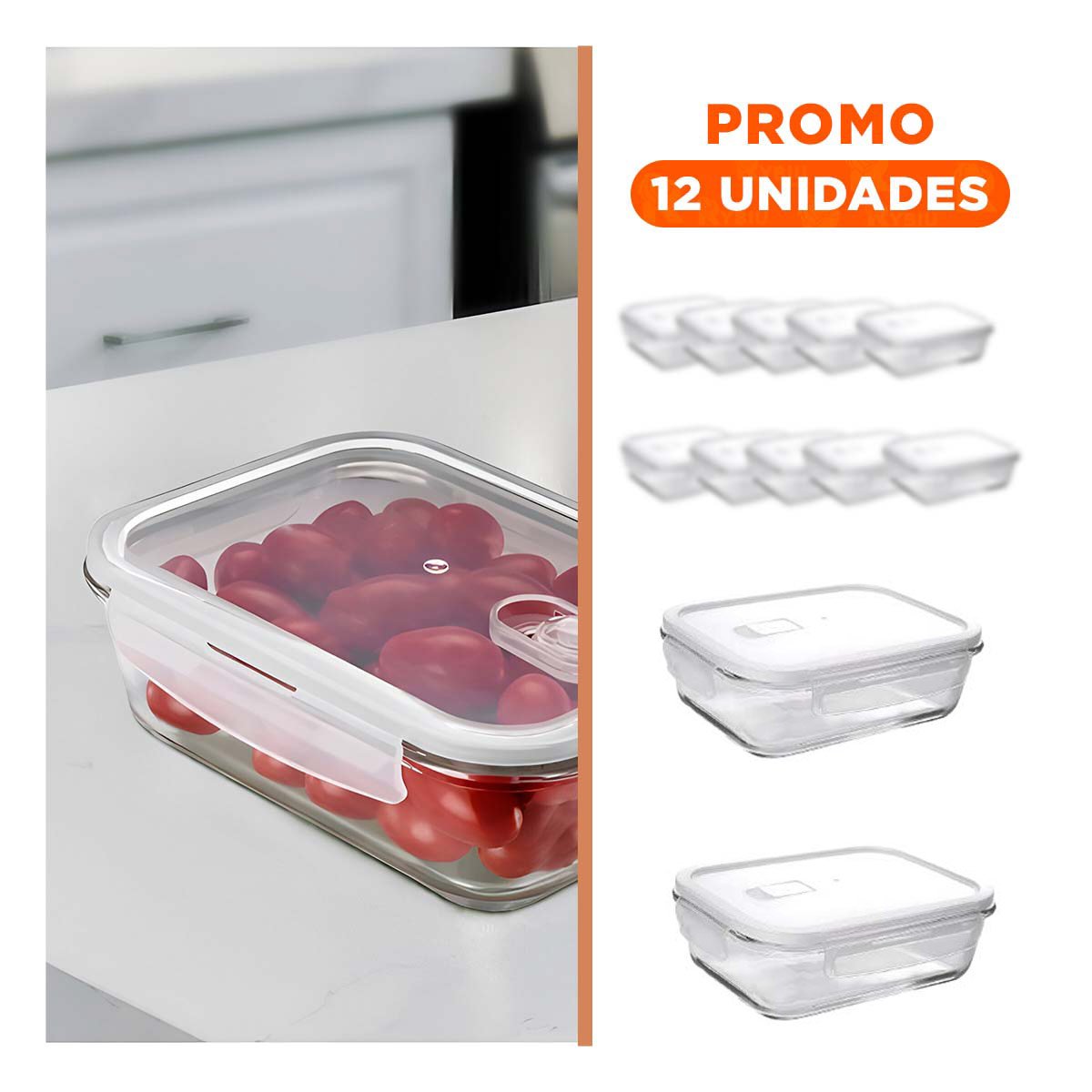 PACK12 TUPPER TRANSPARENTE DE VIDRIO CON TAPA 1040ML PARA COCINA Y+REGALO STICKER - 1