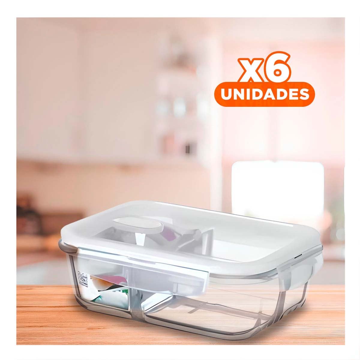 PACK6 RECIPIENTE VIDRIO TRANSPARENTE 2 DIVISIONES 1040ML LINEA BLANCA COCINA Y+REGALO STICKER - 1