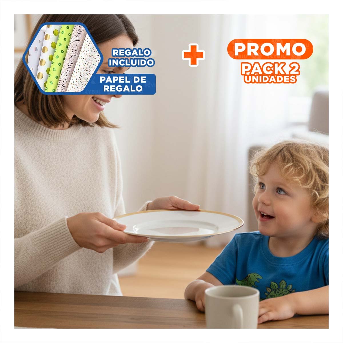PACK2 PLATO DE PRESENTACION EN BLANCO CON ACABADO DE BORDE DORADO PARA SERVICIO Y+PAPEL REGALO - 1