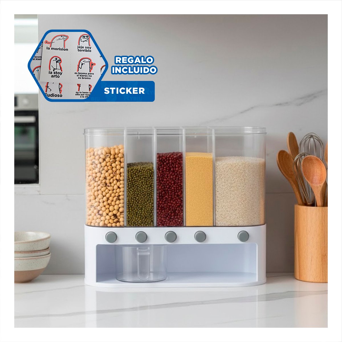 CONTENEDOR BLANCO Y TRANSPARENTE 10L OVALADO PARA GRANOS SECOS Y+REGALO STICKER - 1