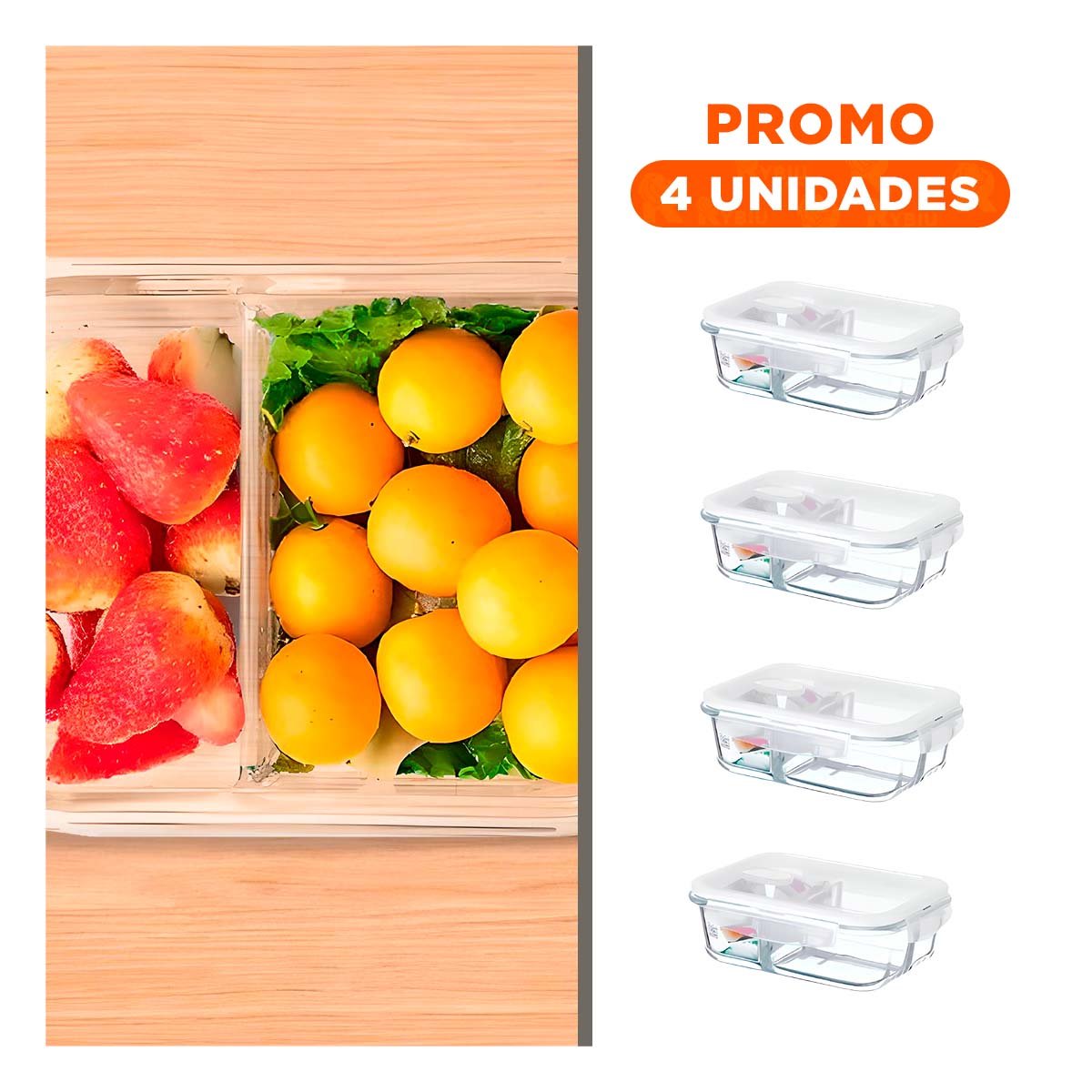 PACK4 CAJA VIDRIO 2 DIVISIONES 1040ML TRANSPARENTE LINEA BLANCA COMIDA Y+REGALO STICKER - 1