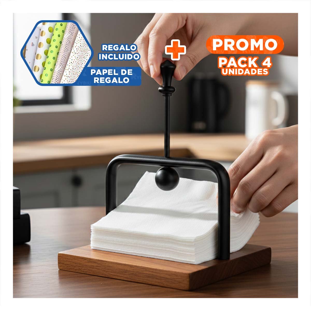 PACK4 SERVILLETERO VERTICAL DE COLOR NEGRO CON SOPORTE MADERA Y BRAZO INTEGRADO Y+PAPEL REGALO - 1