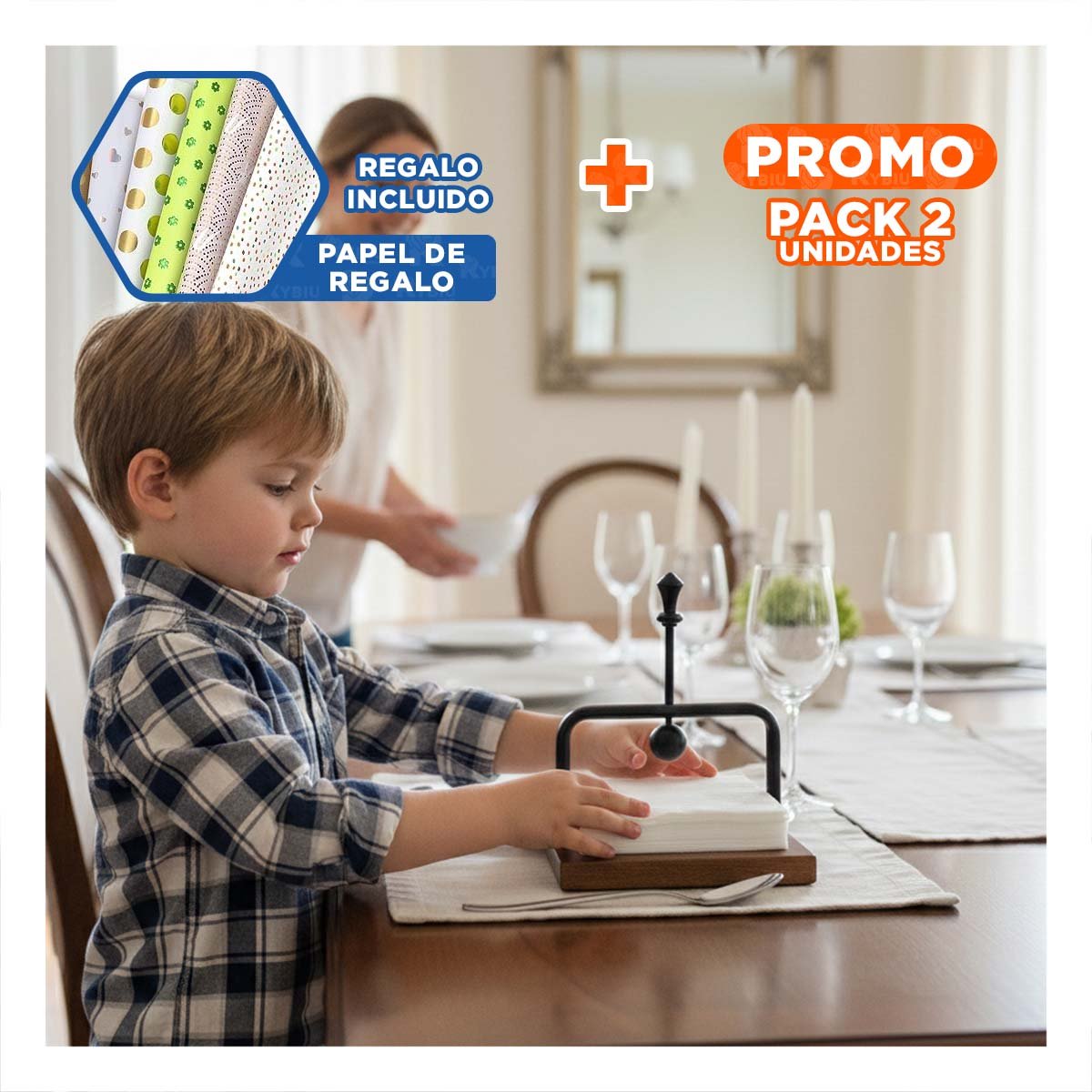 PACK2 SERVILLETERO VERTICAL DE COLOR NEGRO BASE MADERA CON BRAZO PRACTICO Y+PAPEL REGALO - 1