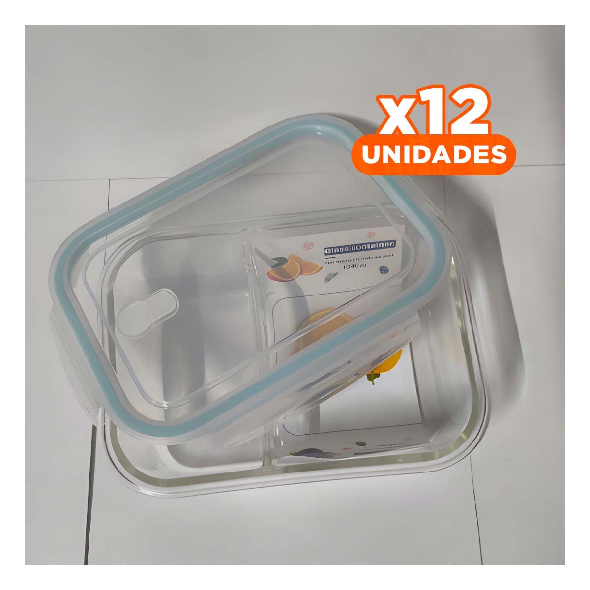 PACK12 CONTENEDOR VIDRIO TAPA 2 DIVISIONES 1040ML CELESTE - 1