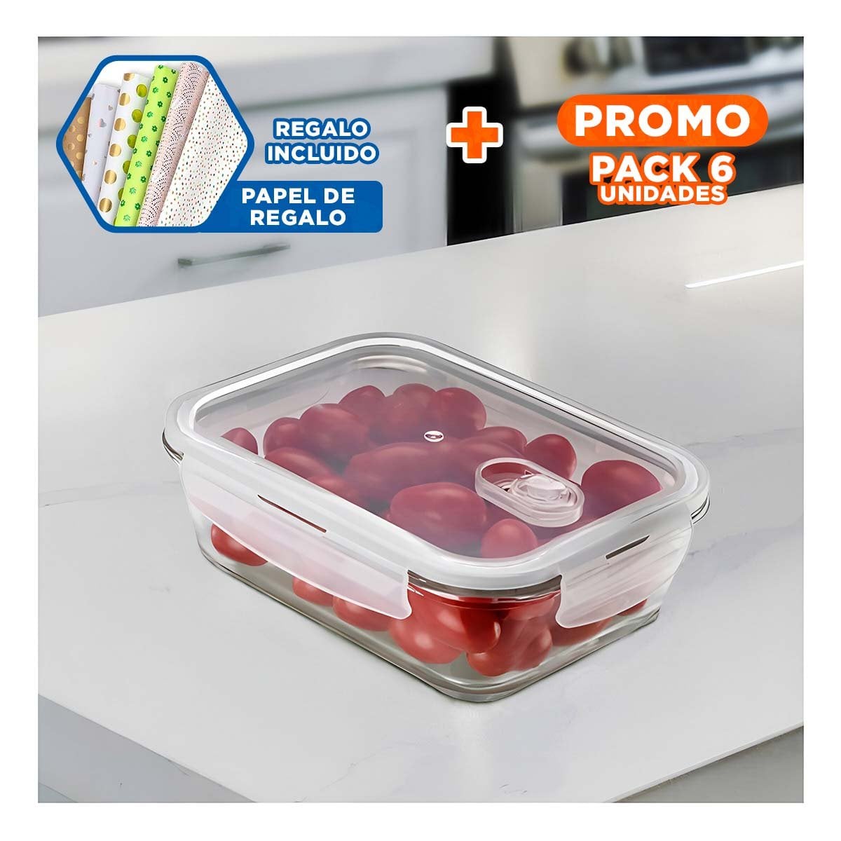 PACK6 RECIPIENTE TRANSPARENTE DE VIDRIO CON TAPA 1040ML PARA COCINA Y+PAPEL REGALO - 1
